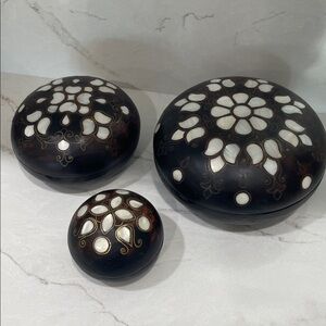 Set of 3 Mother Of Pearl Wood Jewelry Trinket Boxes